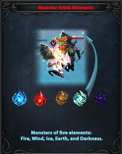 Monsters of five elements: Fire, Wind, Ice, Earth, and Darkness.